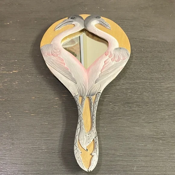 Elegant Crane Wall Mirror with Gold and Pink Accents