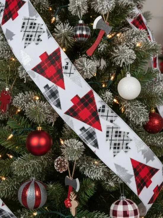 Plaid and Silver Glitter Trees Wired Edge Ribbon Christmas Craft DIY Supplies