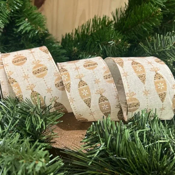 Gold Glitter Ornaments Wired Edge Ribbon 2.5 Inch Christmas Craft Supplies