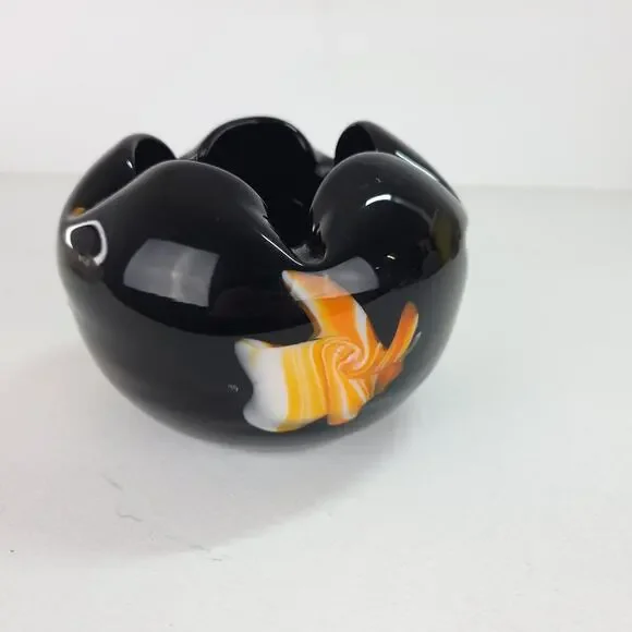 Handblown Studio Art Glass Black Amethyst Yellow Orange Amoeba Dish Bowl 5.5