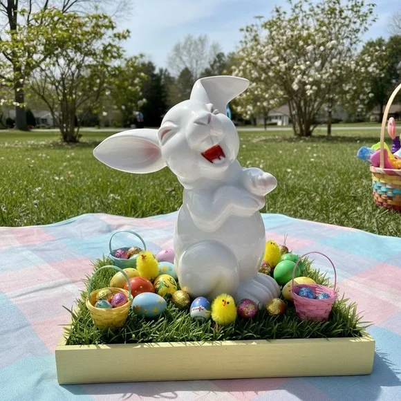 Cracker Barrel Bunny Rabbit Figurine White Glossy Pink Ears Easter Decor