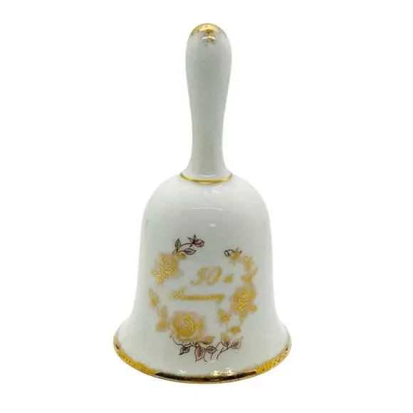 VTG Enesco 50th Golden Wedding Anniversary Porcelain‎ Bell White & Gold Floral