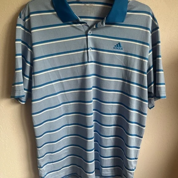Men’s Blue Striped Adidas Short Sleeve Golf Polo Size M