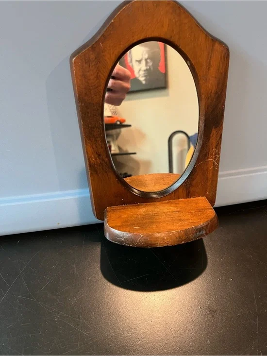 Vintage Wooden Oval Mirror with Small Shelf - Brown - see pics for markings