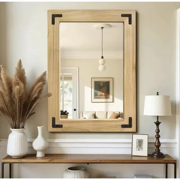 Rustic Light Brown Wood Framed Rectangle Accent Mirror Wall Mounted for Entryway