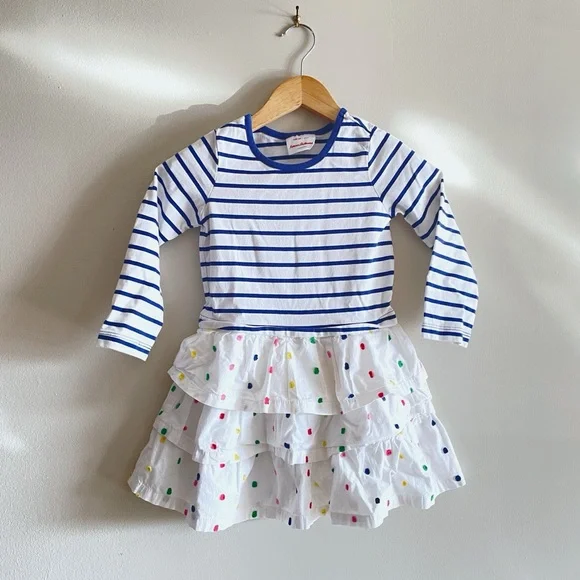 Hanna Andersson Long Sleeved Striped Polka Dot Tiered Ruffled Dress, Girls' 4
