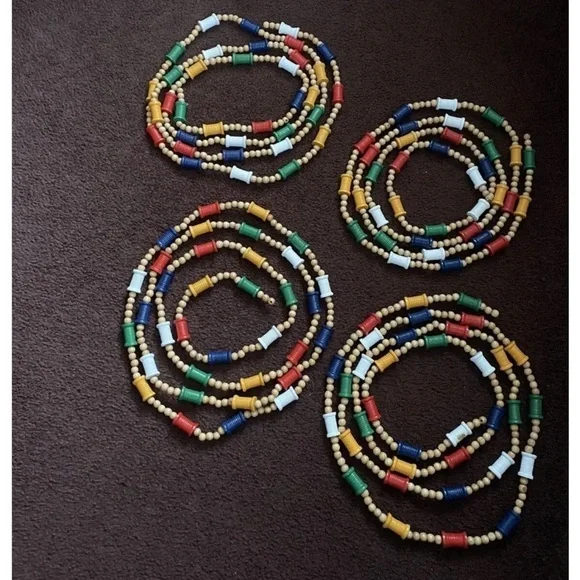 Strand wooden Spool & beads christmas tree garland 8 feet 5” Long Lot of 4.