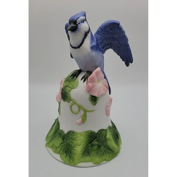 Vintage AVON Ceramic Porcelain Blue Jay & Flowers Bell 2001 EUC