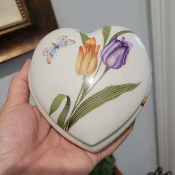 Vintage LIMOGES France Heart Shaped Trinket Box Rochard Butterflies Floral FLAW