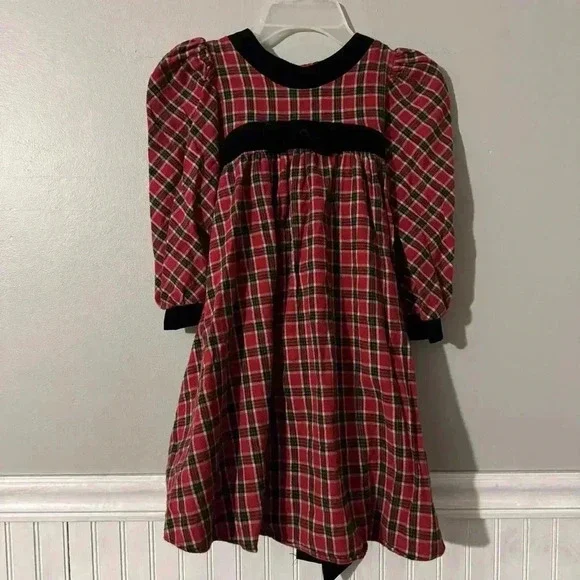 Vintage JO LENE Holiday Dress Girl’s Size 4 Portrait Plaid with Velvet Trim USA