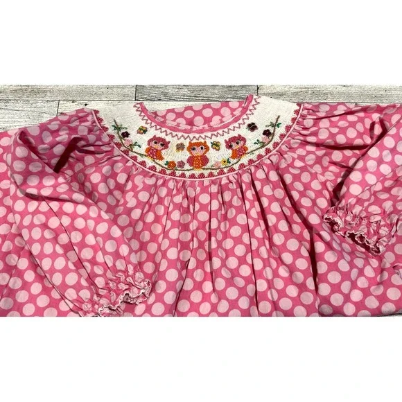 Girl's marmellata smocked Dress Pink Polka Dots Owls Butterflies Flowers Size 3T