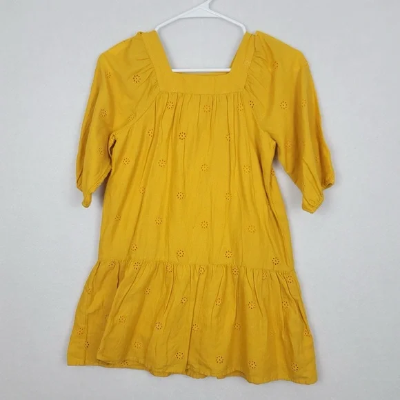 Cat & Jack 7/8 Mustard Yellow Eyelet Ling Sleeve Dress 100% Cotton