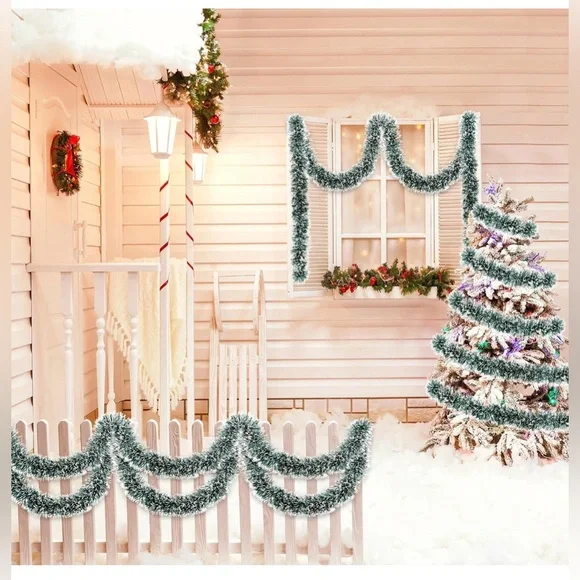 Christmas Green & White Tinsel Garland Decoration 50ft Brand New