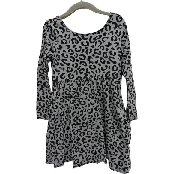 Old Navy Girls Leopard Print Dress Size 6-7 Gray Black Long Sleeve Skater Dress
