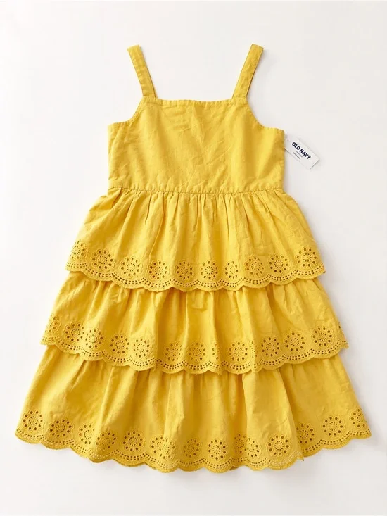 Old Navy Yellow Eyelet Tiered Dress Girls Size L 10-12 NWT