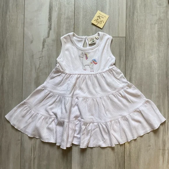NWT Luigi White Polka Dot Tiered Sleeveless Whimsical Unicorn Dress, girls 2T