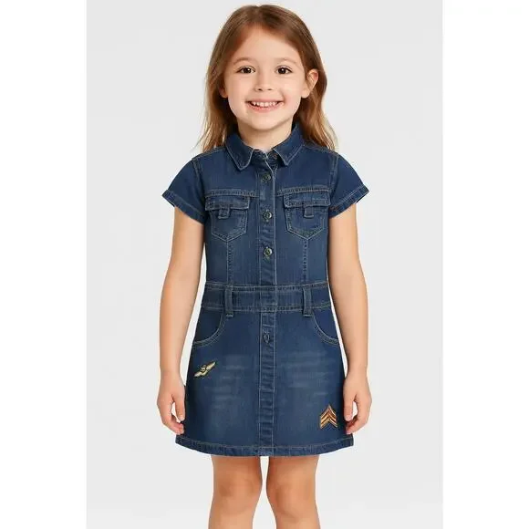 Girls Denim Dress Youth Girls Size 6X Blue Jean Short Sleeve Button Front
