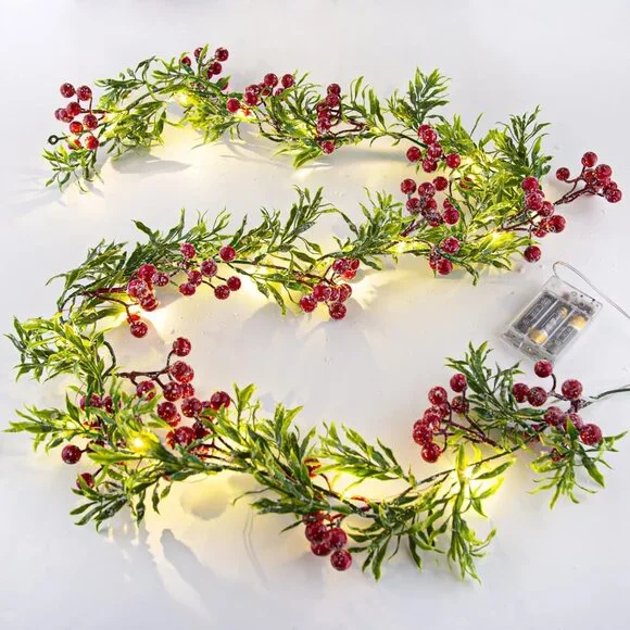 Elegant Christmas Decoration: 2 Pack of 5.9FT Snowy Berry Garland String Lights