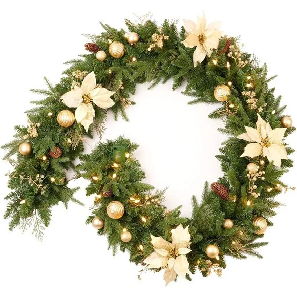 Lifelike 9ft Holiday Garland with Gold Accents & 50 Battery Operated Lights