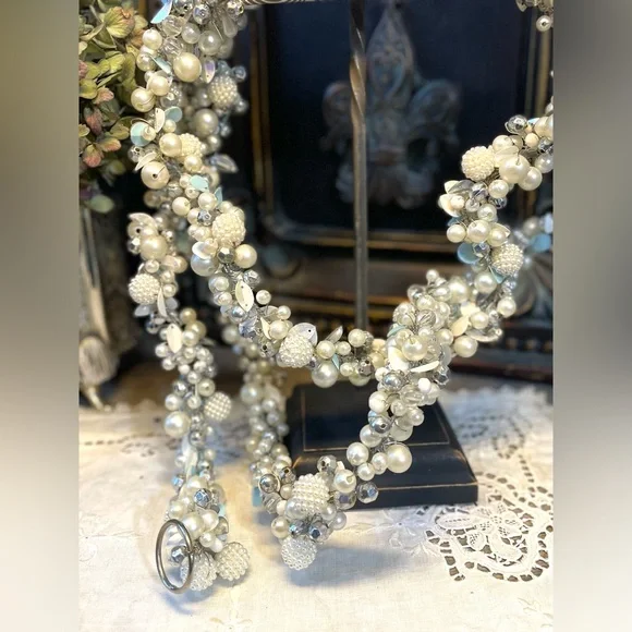 6 Feet of Coastal white pearls silver beads Garland Christmas holiday decor