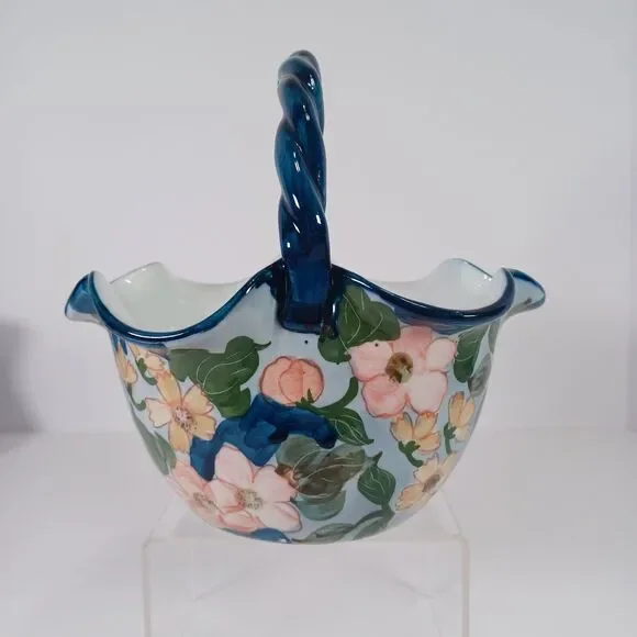 Ruffled Ceramic Basket Handcrafted Blue White Pink Floral Twisted Handle