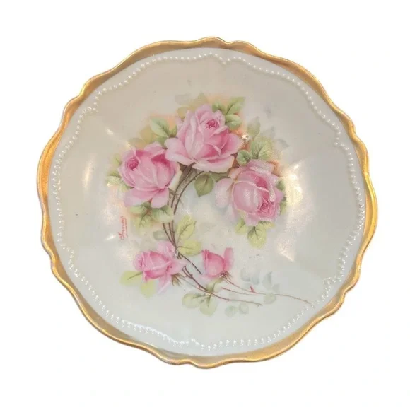 Hand Painted Victorian Roses Saucer Trinket Dish Bavaria Signed