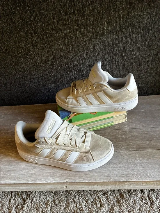 adidas Men’s Grand Court Beige and White Suede Low-Top Sneakers