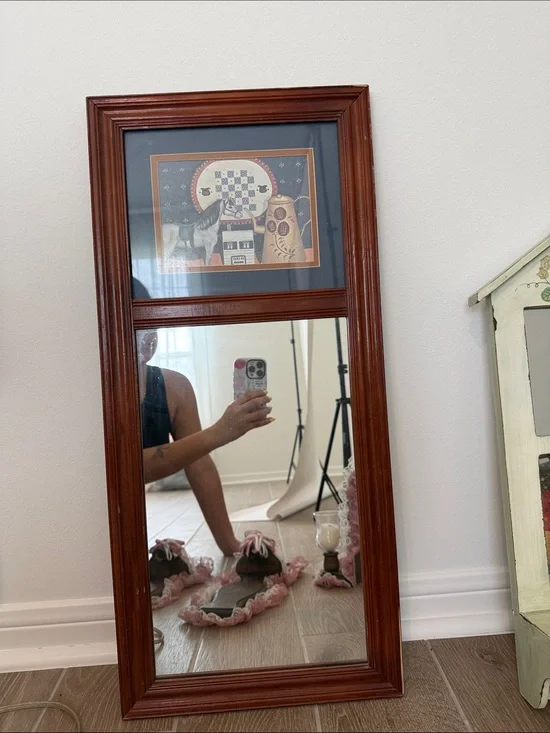 Wood Frame Wall Mirror with Decorative Art - Brown