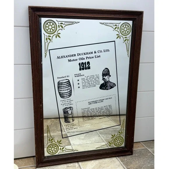 Vintage Alexander Duckham Motor Oils 1912 Price List Pub Mirror Wood Frame 20x14