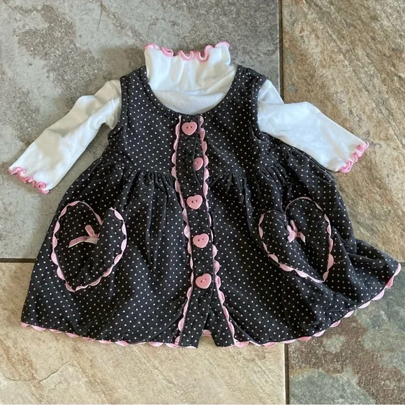 Baby Berl dark gray polka dot sleeveless dress with white turtleneck 3 months