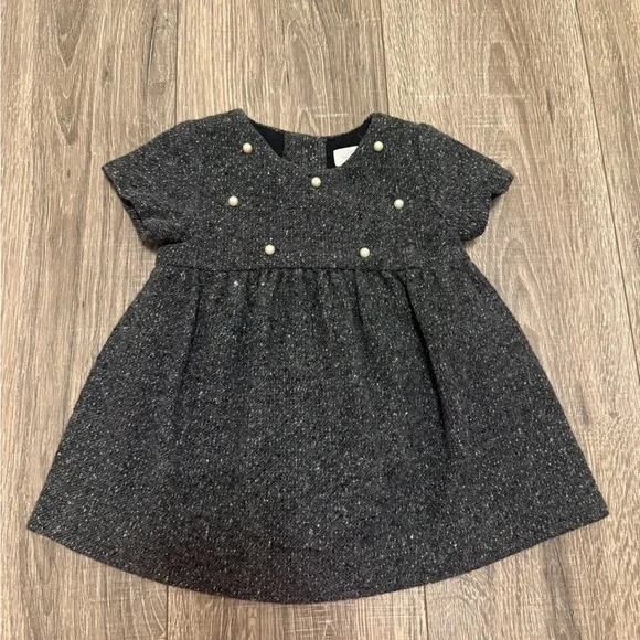 ZARA Baby Girl Dark Gray Tweed Dress Pearl Embellished Size 9-12 months S/S