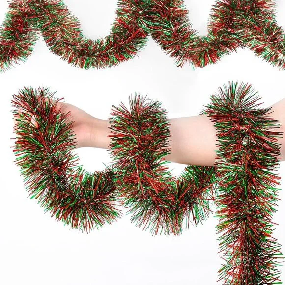 Artificial 50 ft Red and Green Christmas Tinsel Garland for Festive Ambiance