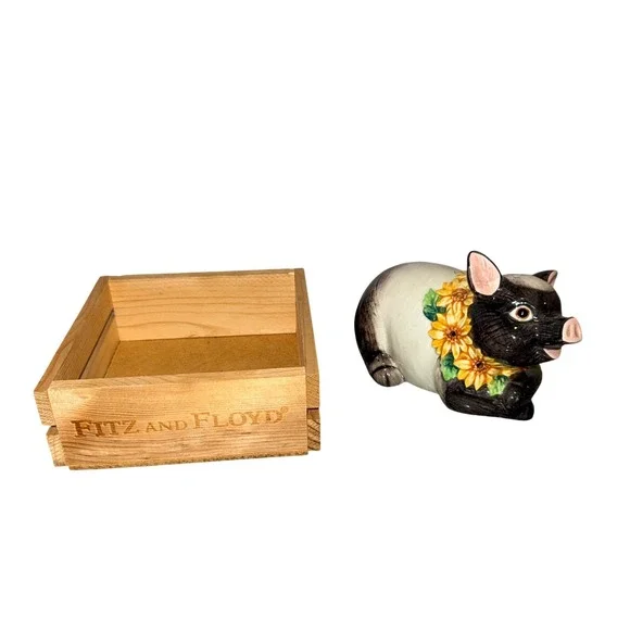 Fitz and Floyd Vintage Pig Figurine with Sunflower Crate Black White Ceramic