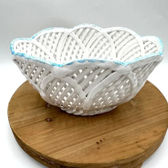 Handmade Oval Bowl Reticulated Lattice Ceramic Artist Signed Portugal Signed Ber