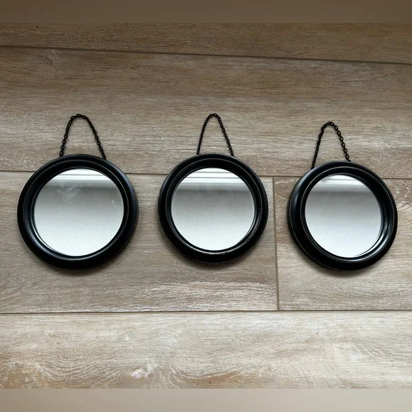 Black Wood Round Wall Mirrors - Set of 3