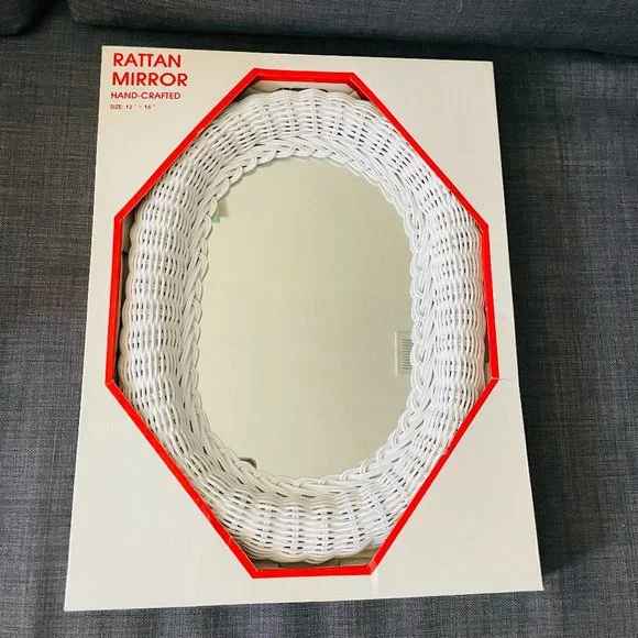 Rattan Hand Crafted Oval White Mirror 12x16” Vintage NIB