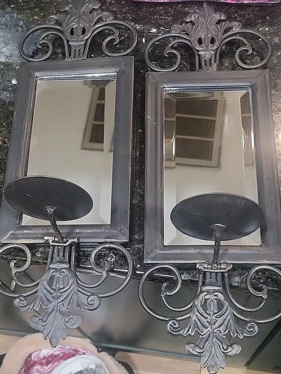 Set Of 2 Antique-Style Black Wall Mirror Sconce with Candle Holder