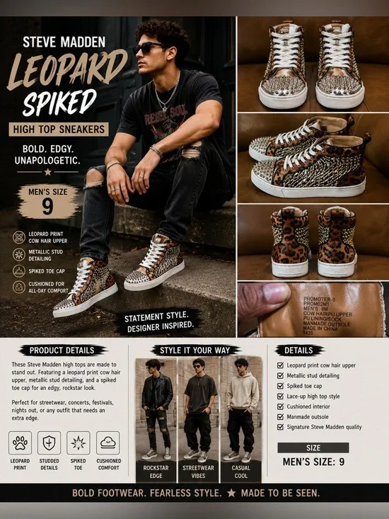 Steve Madden Rockstud Leopard Print Sneakers Men’s 9