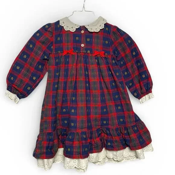 Vintage girls red blue Plaid teddy bear Dress with Lace Collar trim bows size 5