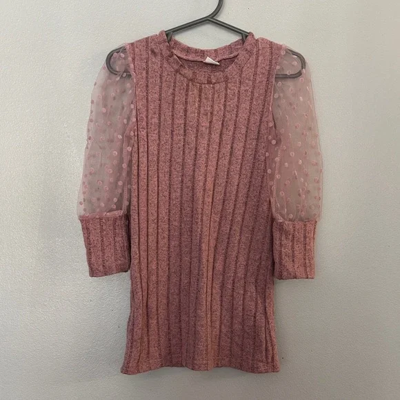 Pink Ribbed Top with Sheer Polka Dot Sleeves