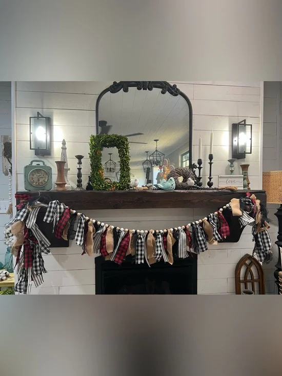 Plaid and Burlap Holiday Mantel Garland - Black, Red, Cream