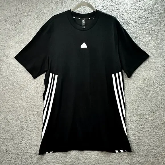 Adidas NWT Men's‎ Large Black Short Sleeve Shirt White Logo Stripes Long Active