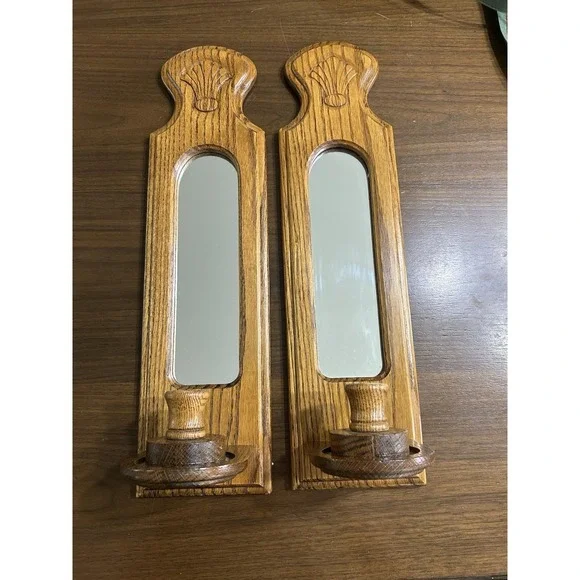 Vintage Oak Wood Mirrored Wall Sconces - Pair