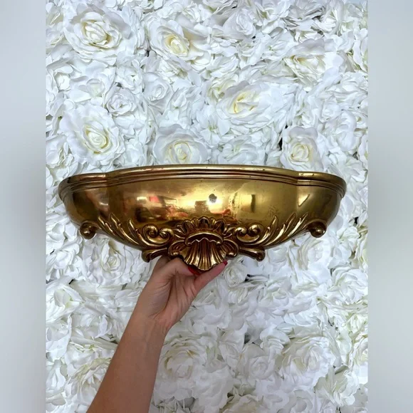 ✨ HOLLYWOOD REGENCY ORNATE WALL PLANTER WALL POCKET GOLD ORNATE DECOR ANTIQUE✨