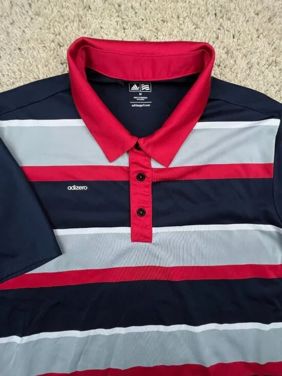 Adidas Polo Shirt Mens Medium Red Gray Blue Adizero Golf Golfing Casual Adult