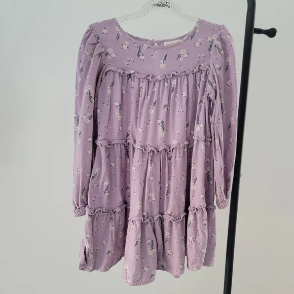 CAT & JACK Girls Floral Print Levender Long Sleeve Ruffle Dress Size M 7/8