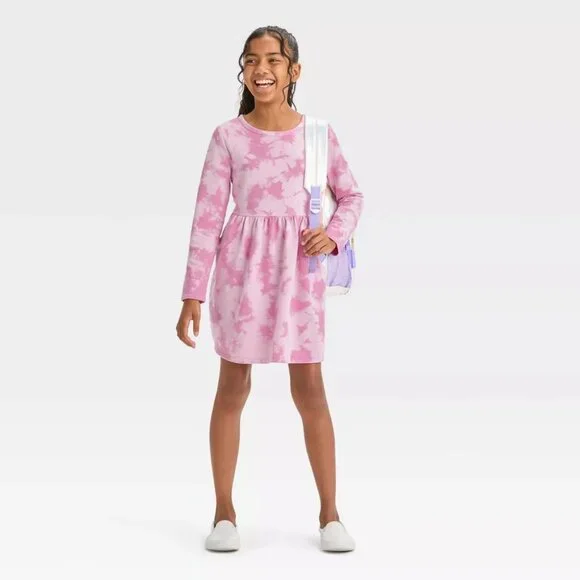 Cat & Jack - Girls' Long Sleeve French Terry Tie-Dye Dress - Magenta Wash