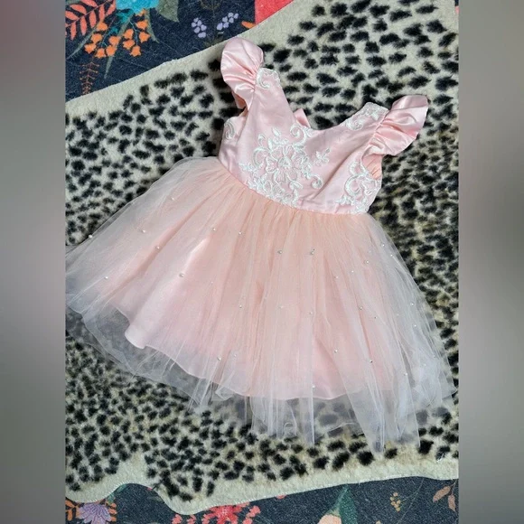 Pink pearl tutu dress 2T toddler baby girl princess baptism wedding formal lace