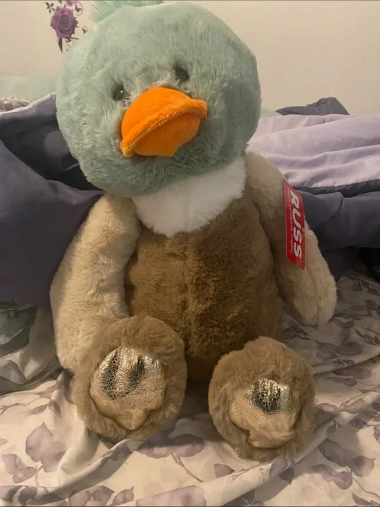 Russ Plush Duck in Mint Green, Brown and Orange