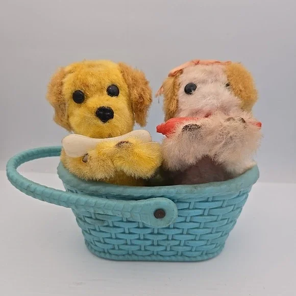 Japanese Wind Up Little Puppy Dogs‎ Kissing / Eating Blue Basket 1960s Toy VTG